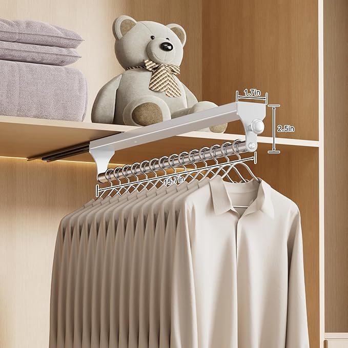 Pull Out Closet Rod, 15.7inch Heavy Duty Pants Rack, Adjustable Clothes Hanger Rail, Space Aluminum Valet Rod, Top Mounted Wardrobe Clothes Organizer, Closet Storage for Trousers Coats White