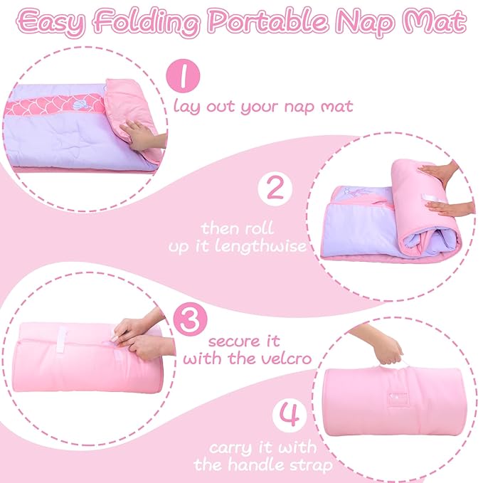 Mermaid Nap Mats for Preschool with Removable Pillow and Blanket Kids Sleeping Bag with Pillow Reinforced Stitching Machine-Washable, Soft Nap Mats for Daycare, Travel, Camping 53"x21"