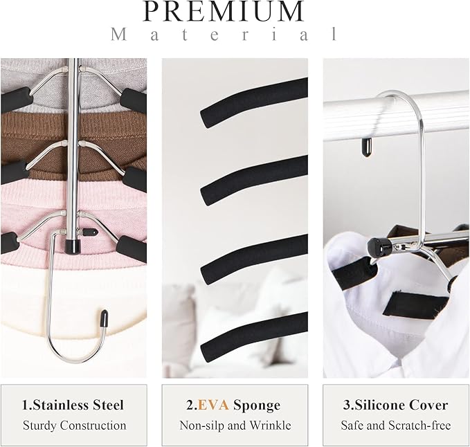 Space Saving Clothes Hangers – 5-in-1 Shirt & Coat Hangers with Non-Slip Foam, Stainless Steel Tiered Closet Organizer for Sweatshirts, Hoodies, Sweaters, T-Shirts – 2 Pack by ZNBEN