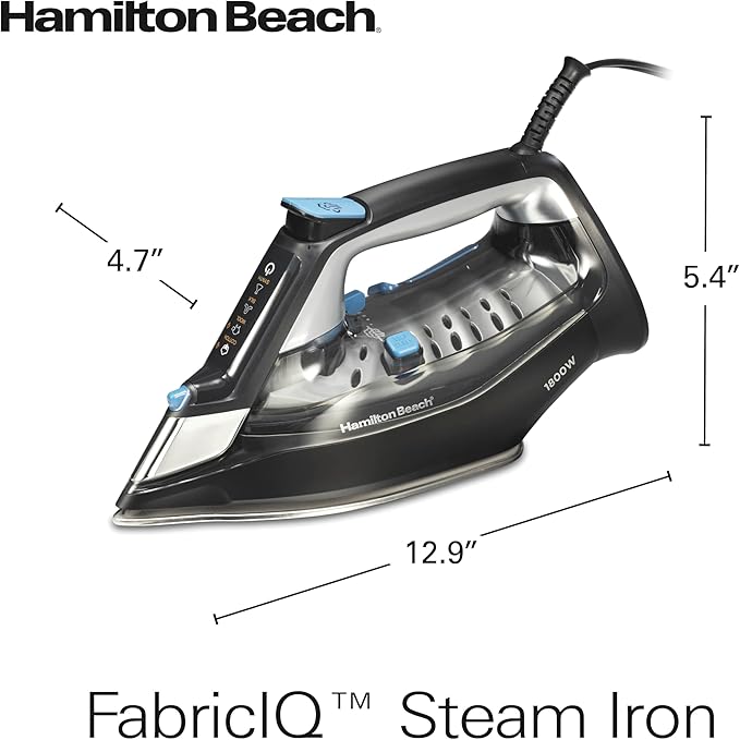 Hamilton Beach Steam Iron for Clothes & Garment Steamer with Intuitive FabricIQ Touchpad, Durable Stainless Steel Soleplate, 3-Way Auto Shutoff, 1800 Watts, 350ml Water Tank, 10' Cord, Black (14950)