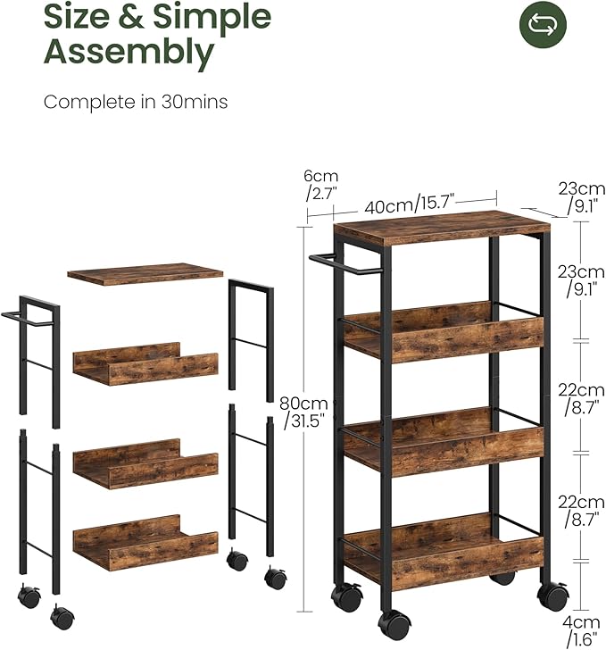 4-Tier Slim Storage Cart, 9.1'' Kitchen Serving Trolley, Slim Rolling Cart with Handle and Guard Rails, Slim Cabinet for Small Spaces, for Dining Room, Rustic Brown and Black TTC03BF