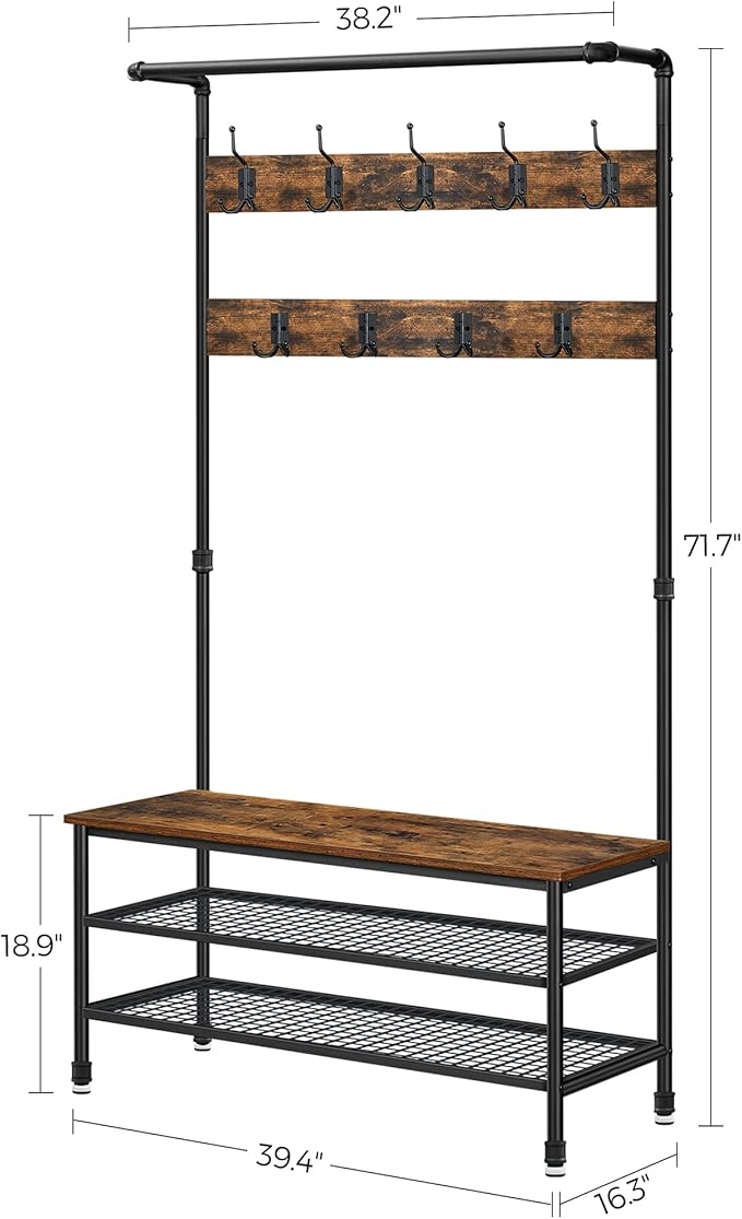 VASAGLE DAINTREE 3-in-1 Entryway Coat Rack and Storage Bench, Pipe Style Hall Tree with 9 Hooks, Multifunctional, Sturdy Steel Frame, Large Size, Industrial, Rustic Brown and Black UHSR47BX