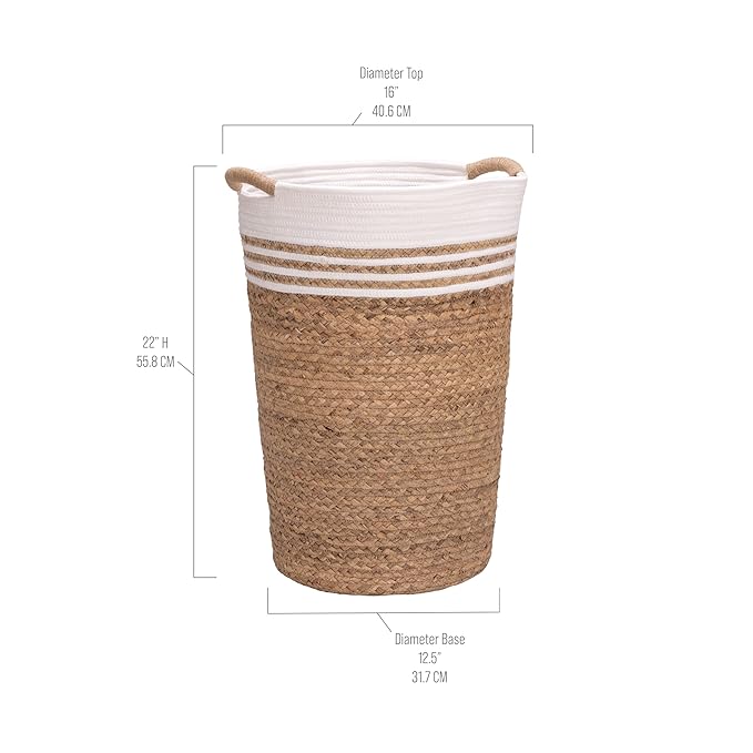 Seville Classics Premium Natural Handwoven Portable Laundry Bin Basket with Carrying Handles, Household Storage for Clothes, Linens, Sheets, Hamper with Liner, White