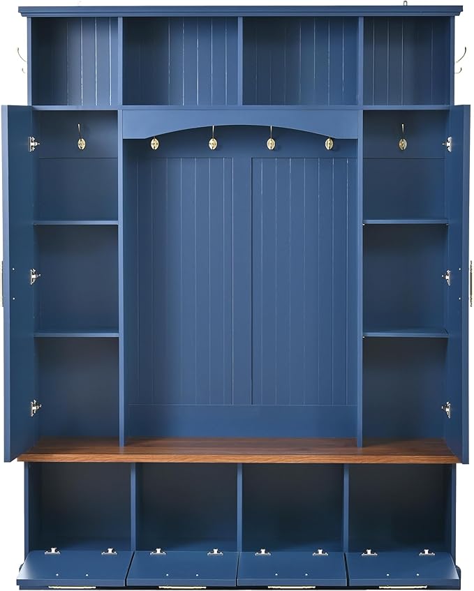 Versatile Hall Tree with Golden Hooks and 2 Doors, 5-in-1 Wood Coat Rack Entryway Shoe Cabinet with Bench& Adjustable Shelves, Functional 59'' Wide Hall Tree for Entrance Hallway