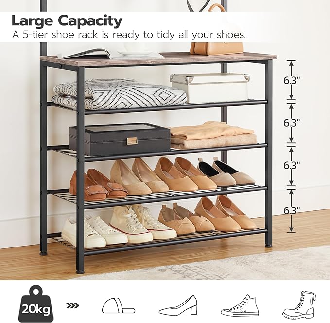 HOOBRO Hall Tree, Coat Rack with Shoe Rack, Hall Tree with Bench, 5 Tier Shoe Storage Organizer with 9 Hooks for Entryway, Closet, Sturdy, Industrial, Greige and Black BG80MT01G2