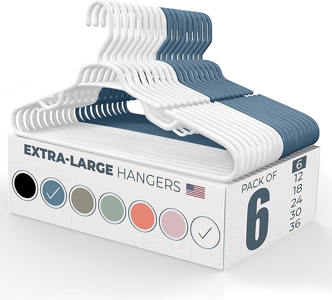 Neaties Large & Wide Heavy Duty Clothes Hangers 6 Pack – Made in USA – Ideal for Plus Size Clothing – 10lb Plastic Hangers with Notches for Oversized Adult Coats & Pants – White & Blue