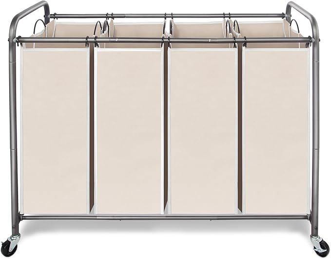 Laundry Sorter Hamper with Wheels, Heavy-Duty Laundry Sorter Rolling Cart, Lockable Wheels and Removable Bags, 4 Sections, Beige