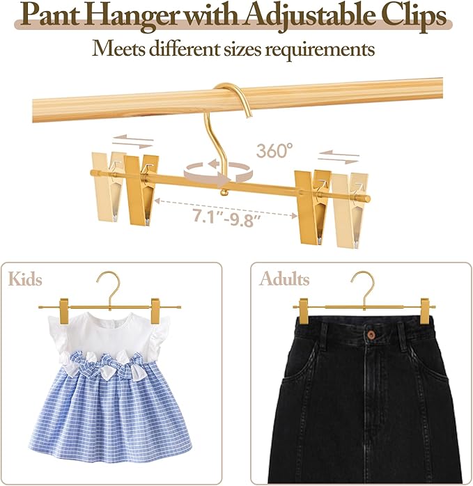 Matte Gold Aluminum Pants Hangers 20 Pack, Lightweight Skirt Hangers with 360°Swivel Hooks and Non-Slip Adjustable Clips for Trousers, Skirts, Jeans, Kids & Adults, Durable, Space-Saving