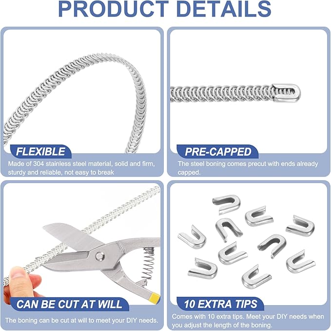PATIKIL 10 Pcs 12 Inch 304 Stainless Steel Metal Steel Spiral Corset Boning, Metal Boning with 10pcs 5mm Boning Tips for Sewing Corset, Making Costume,Hoop Skirt, Collar (5mm Wide)