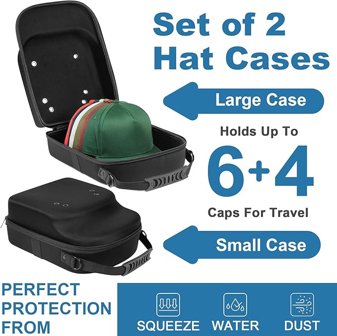 2 PCS Hard Hat Travel Cases for Baseball Caps - Crush Proof Cap Carrier for 10 Hats, Hat Storage Organizer with Adjustable Shoulder Strap, Trolley Sleeve and Handle, for Travel & Home Use