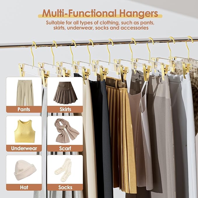 10 Pack Clear Acrylic Hangers with Adjustable Non-Slip Metal Clips, Gold Pants Hangers for Jeans, Trousers, Skirts, Coats, Heavy Duty, Space-Saving Closet Organizer, Adults & Kids