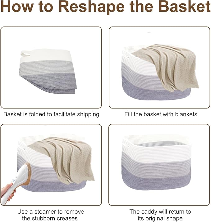 Laundry Basket with handle - 21"×17"×12" Rectangle woven Cotton Rope blanket basket,storage basket for Blankets,Baby Toys & Clothes (Fits Bathroom,Nursery, bedroom,Living Room) (Gradient Grey)