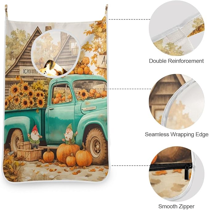 Thanksgiving Truck Pumpkin Orange Hanging Laundry Hamper Door Hampers Bag Basket with Stainless Steel Hooks Oxford Fabric Printing Decorative Clothes Bags 29.5X20inch 2Pack