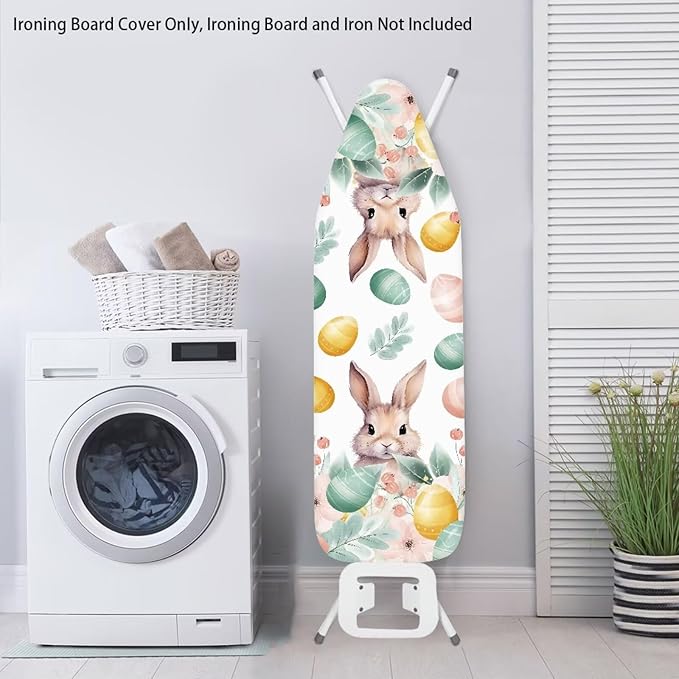 Easter Eggs and Bunny Ironing Board Covers with Padding Standard Size Iron Covers with Elastic Edge Hook Loop Fasteners Scorch and Stain Resistant Ironing Covers