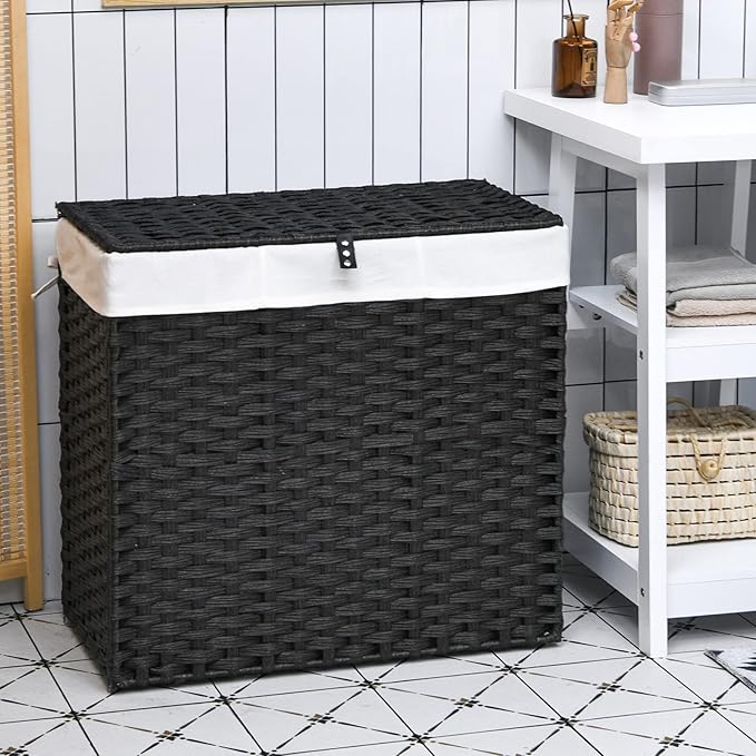 Giantex Laundry Hamper with Wheels and Lid, 125L Rattan Clothes Hamper with 2 Removable Liner Bags & Handle, 3-Section Foldable Laundry Sorter, Rolling Wicker Laundry Basket for Bathroom(Black)