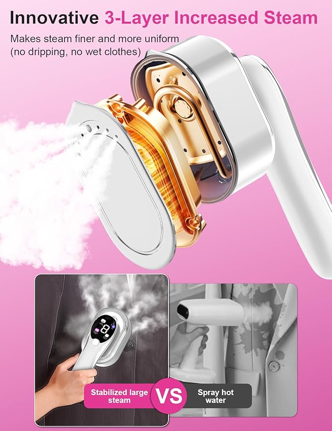 Travel Steamer for Clothes, 1200W Portable Handheld Steamer for Clothes, Portable Steam with LCD Display, 10s Fast Heat-Up, 2-in-1 Powerful Wrinkle Remover for Home & Travel (White)