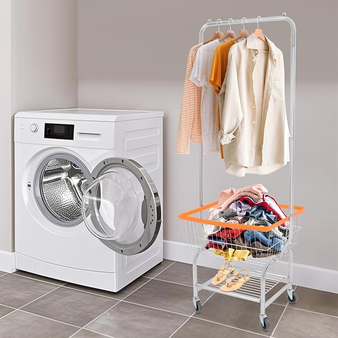 Laundry Cart,Steel Wire Laundry Cart,Laundry Basket With Wheels,Commercial Laundry Basket Cart Heavy Duty with Rod Rack 19.69x15.75x70.87in (G)