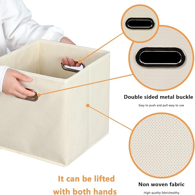 Fabric storage bins Cubes, Fabric Cube Organizer with Handle, Foldable Cube Bins for Cloth or Accessary Storage, 11x11x11, Set of 8, (Creamy White)