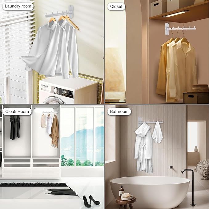 Sumnacon Clothes Rack, 2 Pcs Stainless Steel Clothes Hanger, Wall Mounted Clothes Hanging Organizer, Drying Rack with Swing Arm, Space Saving Hangers for Bathroom Laundry Room Closet, White