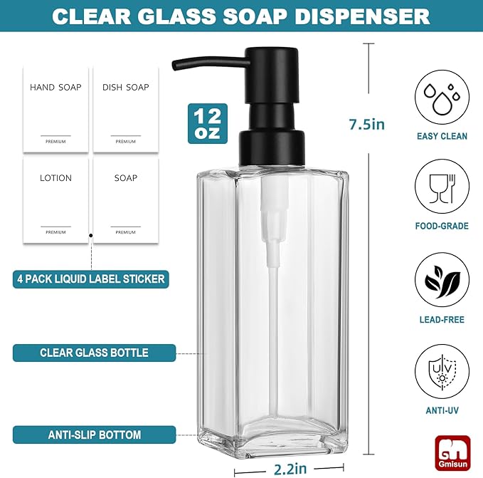 GMISUN Glass Soap Dispenser with Stainless Steel Pump, Clear Hand Soap Dispenser for Bathroom, 12 fl oz/350ml Hand and Dish Soap Dispensers Set for Kitchen, Refillable Liquid Soap and Lotion Bottle