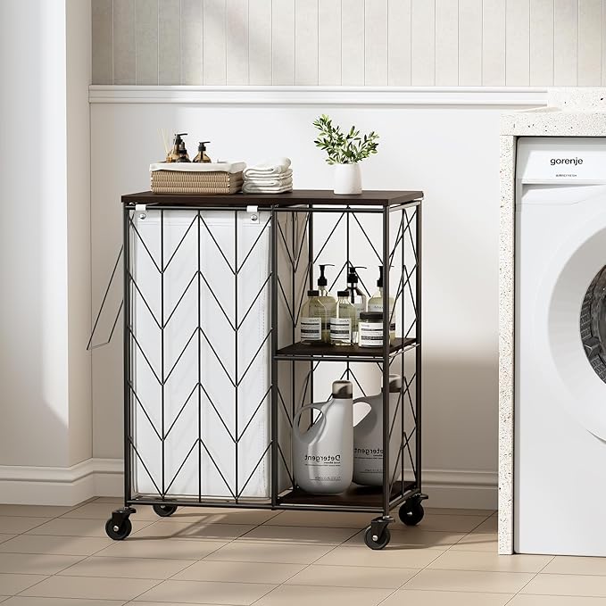 WOWLIVE Laundry Hamper with Lid, 95L Rolling Laundry Basket with Shelves, Iron-Made Laundry Cart with Wheels, Removable Liner, Laundry Room Organization, Bathroom, Black and White