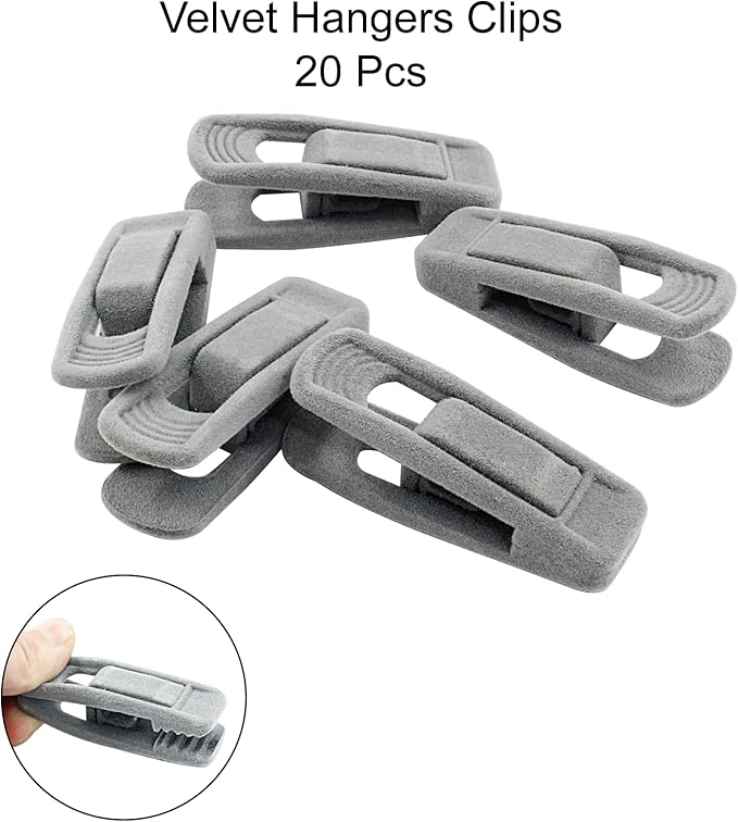 Hordion 20Pcs Grey Velvet Hangers Clips, Strong Finger Flocked Clips Felt Velvet Clip for Pants Skirt Thin Felt Hangers (Grey)