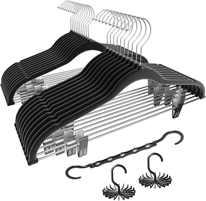 VECELO 20 Pack Velvet Clothes Hangers with Adjustable Clips,Heavy-Duty Non Slip & Space-Saving with 1 Magic Hangers & 2 Tie Rack for Suit Coat Pants Skirt Dresses