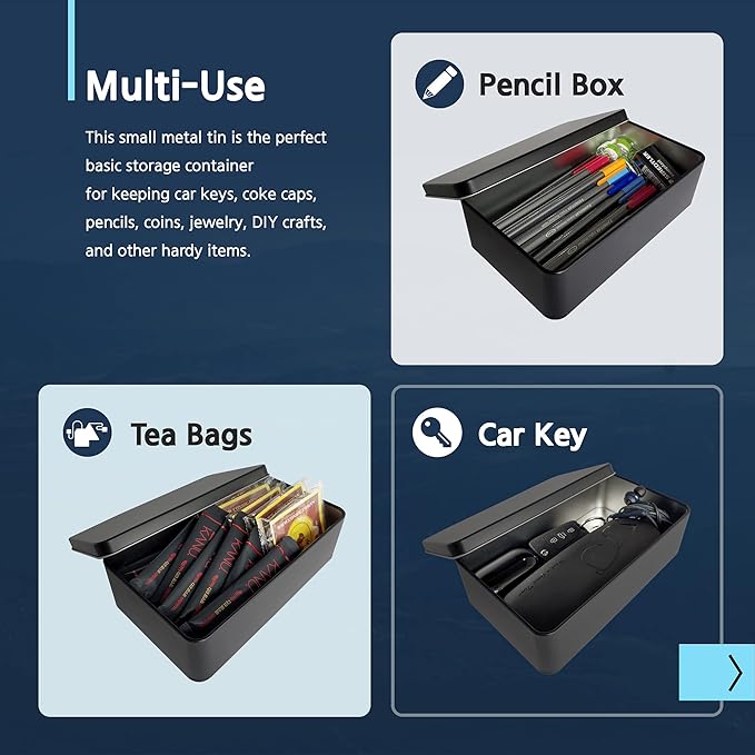 Black Metal Tin Box Lids - Large Containers, Holder for Keeping Car Keys, Cookie, Pencil Case, 8.2 x 4.7 x 2.4 inch