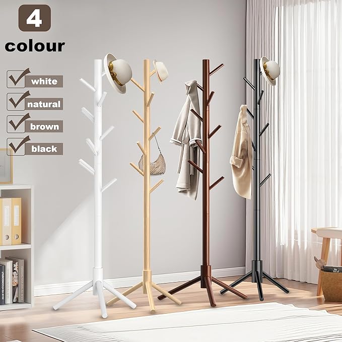 Wooden Coat Rack Stand, Freestanding Coat Rack with 8 Hooks, 3 Adjustable Size Coat Tree for Hats, Coats, Scarves bags, Coat Hanger Stand Used in Bedroom/Office/Entryway,2 PCS (Black)