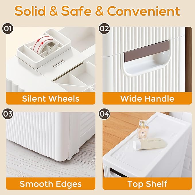 5 Drawers Slim Bathroom Storage Cabinet Dresser, Narrow Plastic Rolling Cart Organizer with Drawers, for Small Spaces, Kitchen, Laundry, Office, Bedroom, White