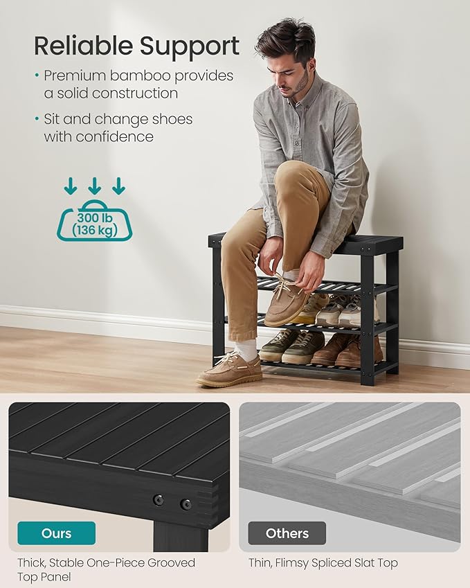 SONGMICS Shoe Rack Bench, 4 Tier Bamboo Shoe Storage Organizer, Entryway Bench, for Living Room, Bathroom, Bedroom, 11.3 x 27.6 x 20.5 Inches, Ink Black ULBS370BH01