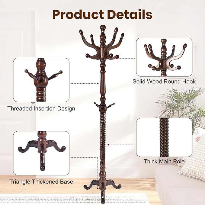 Freestanding Coat Rack with 11 Hooks, Sturdy Wooden Hall Tree for Entryway, Heavy-Duty Tri-Legged Base Hall Tree for Bags, Purses, Hats,Easy Assembly for Corner, Bedroom (T42 Triangle Brown)