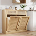 Double Tilt Out Laundry Hamper Cabinet, Rattan-Style Laundry Room Organization with Removable Laundry Basket, Hidden Wood Dirty Clothes Hamper with Drawers, 39" L x 13" W x 35.8" H, Wood