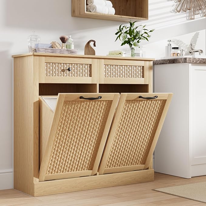 Double Tilt Out Laundry Hamper Cabinet, Rattan-Style Laundry Room Organization with Removable Laundry Basket, Hidden Wood Dirty Clothes Hamper with Drawers, 39" L x 13" W x 35.8" H, Wood