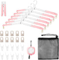 6 Pack Fodable Travel Hangers with Clips & Adjustable Clothesline, Portable Collapsible Hangers with Storage Bag for Suitcase, Hotel, RV, Cruise Essentials Set (Pink)