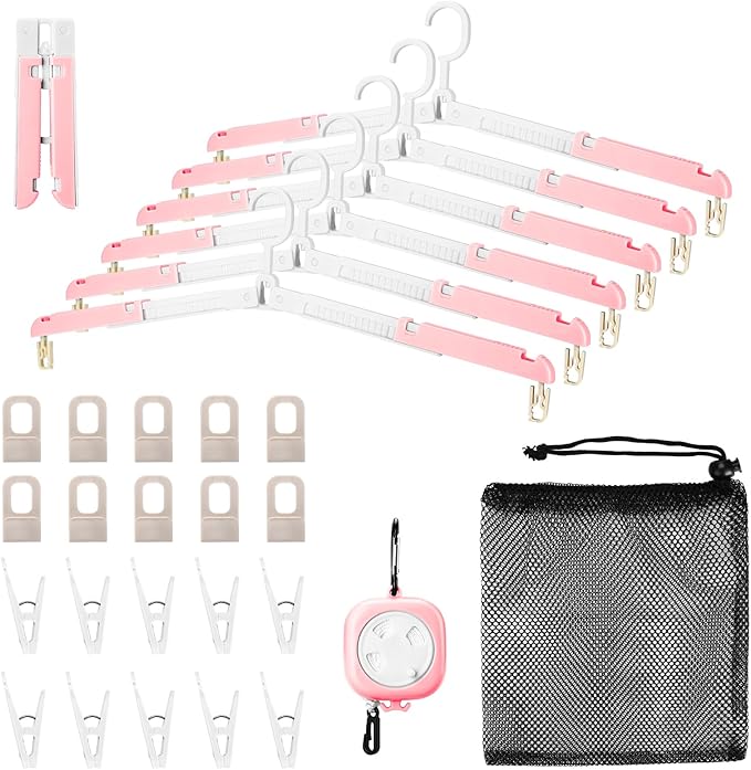 6 Pack Fodable Travel Hangers with Clips & Adjustable Clothesline, Portable Collapsible Hangers with Storage Bag for Suitcase, Hotel, RV, Cruise Essentials Set (Pink)