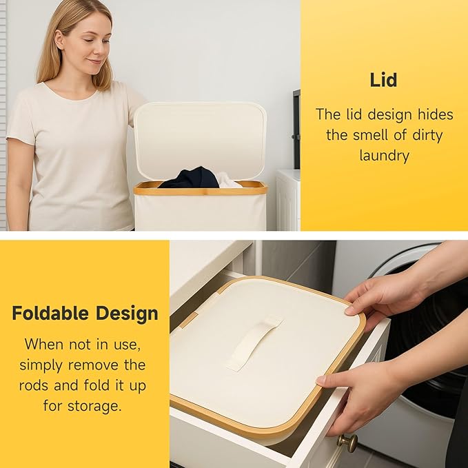 100L Extra Large Foldable Laundry Hamper with Lid - Dirty Clothing Hamper & Collapsible Basket, Portable Clothes Organizer for Home, Travel, Bathroom & Laundry Room, Beige