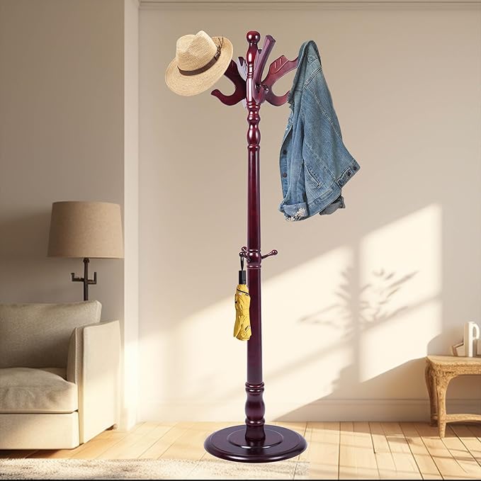 Solid Wood Coat Rack Freestanding with 14 Hooks Bird Shaped,71'' Adjustable Heights Sturdy Coat Racks Tree for Coats Hats Bags,Vintage Wood Coat Tree Hanger Stand for Living Room,Entryway,Office