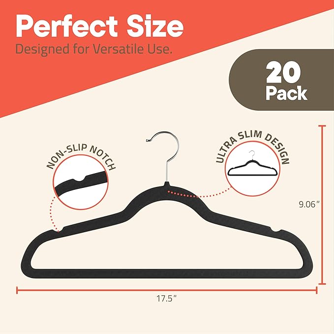 Black Velvet Hangers 20 Pack – 360° Swivel Hook, Non-Slip and Space Saving Hangers, Heavy-Duty 11 lbs Weight Capacity - Smooth Velvet Finish for Crease-Free Clothes and Effortless Closet Organization
