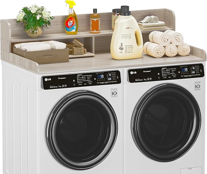 LEMBERI 2 Tiers Shelf Washer Dryer Countertop, 54" W x 27.5" D Laundry Organization, Wooden Topper for Folding, Sorting & Ironing, Easy Install, Oak