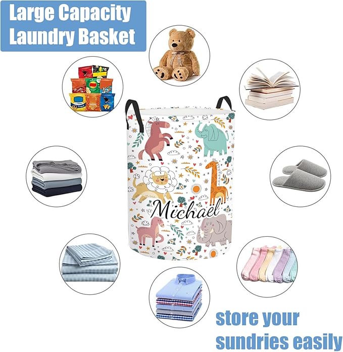 Custom Baby Girl Laundry Basket with Name, Personalized Woodland Animals Laundry Basket for Kids, Customize Name Laundry Hamper Storage Organizer for Nursery 2 Size Baby Gift