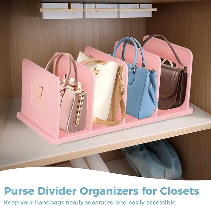 4PCS Purse Organizers, 13.7 x 5.9 x 5.5-Inches,Adjustable Closet Organizer, Handbag Shelf Divider Storage Organizer for 8 Big Handbags/16 Small Handbags（Pink）