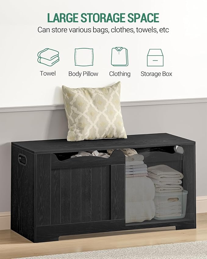 43.3" Storage Chest, Extra Large Storage Bench Trunk with 2 Hinges, Wooden Box, Lift-Top Chest Organizer, Shoe Bench for Entryway, Bedroom, Living Room, Black SB25504X
