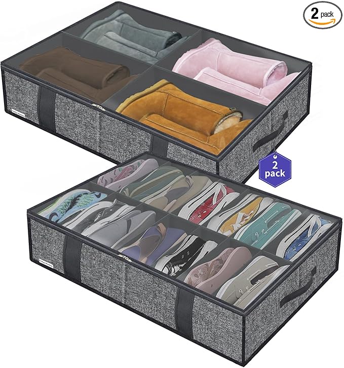 Large Under Bed Boots Shoes Storage Organizer Set of 2 (14+4 Pairs), Durable Closet Foldable Fabric Shoe Container Box with Clear Window, 33.9x 23.6x5.9inch, Light Grey, ZMGCUBS14S4