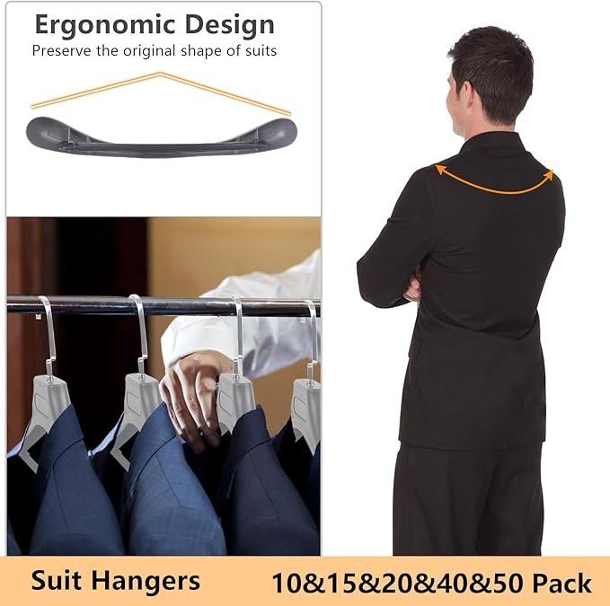 DEDU Suit Hangers for Men 10 Pack, Grey Coat Hangers Extra Wide Non Slip Width 17.7", Thick Plastic with Pants Bar & Metal Hook