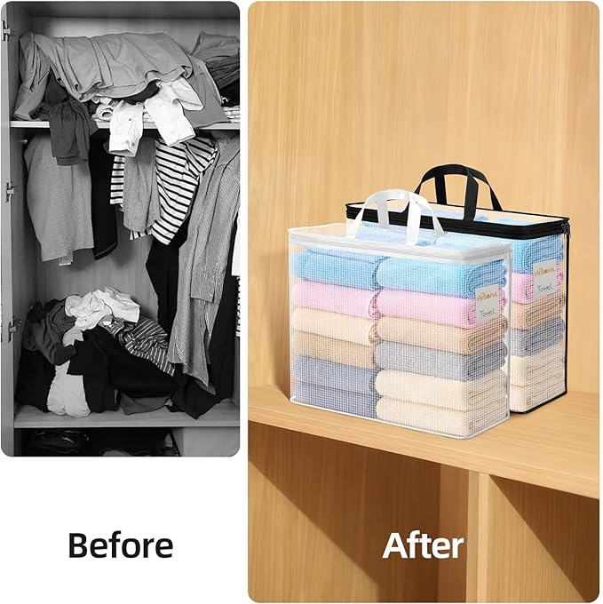 Vieshful 6 Pack Clear Storage Bags for Clothes, 19.3" × 15.4" × 8.3" Clear PVC Mesh Clothing Organizers with Zipper for Blankets, Clothes, Bedding, Sweater, Toys & Closet Storage, 40L Black