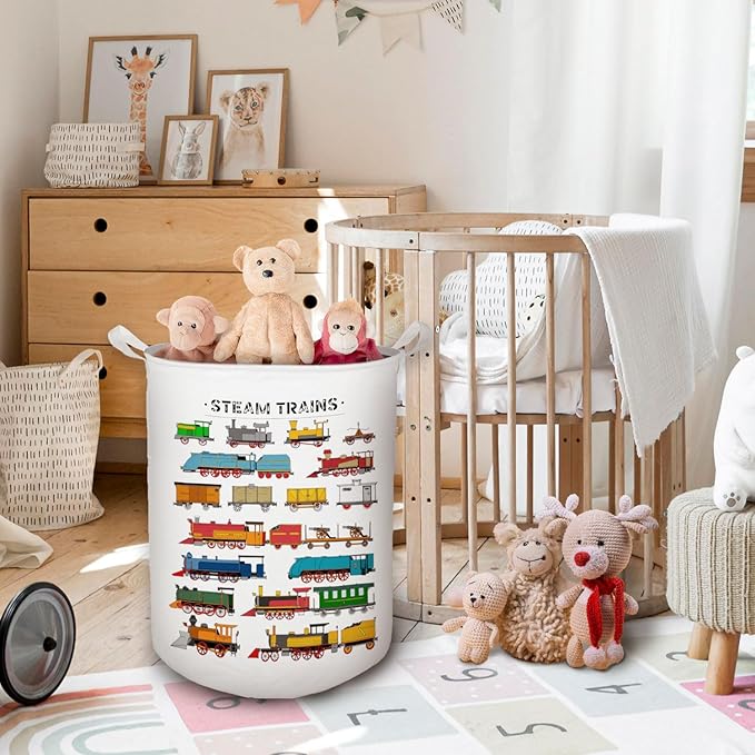 Steam Train Kids Laundry Basket, Toybox for Boys Room, Train Lover Enthusiast Gifts Laundry Basket Hamper Waterproof Collapsible Clothes Toys Storage Bin Organizer for Bedroom Bathroom Kids Room