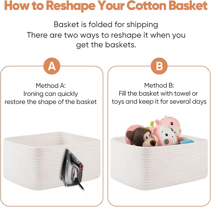 OIAHOMY 4 Pack 14.17 * 11.02 * 6.3IN Storage Baskets for Organizing Shelves, Woven Rope Baskets for Organizing Books, Clothes, Decorative Basket for Living Room, Nursery, Bedroom, Gift Basket, White
