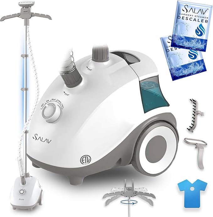 SALAV® Standing Steamer for Clothes, 1500W Powerful Garment Steamer with Roll Wheels, 4 Steam Settings, High Efficiency Stainless Steel Plate, with Limescale Remover Descaler Packets