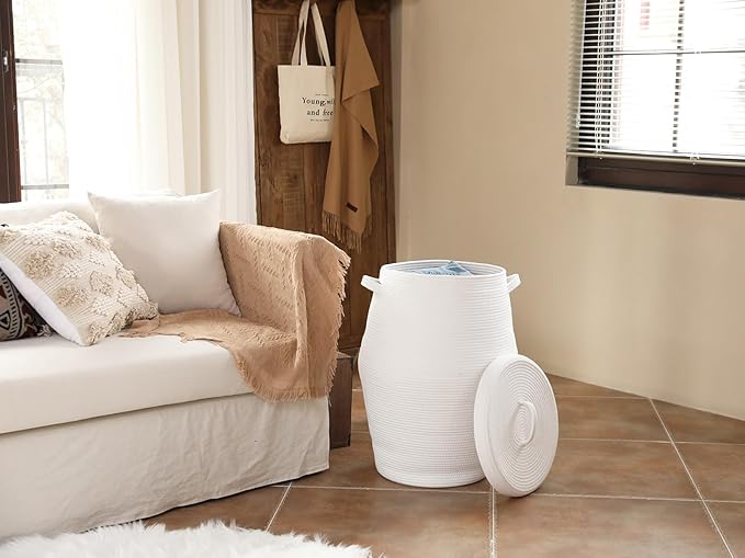 26" x 20" Handcrafted Tall Cotton Rope Basket with Lid, Stylish Flagon Shape with Cover, Clothes Hamper with Top, for Bedroom and Living Room, All White